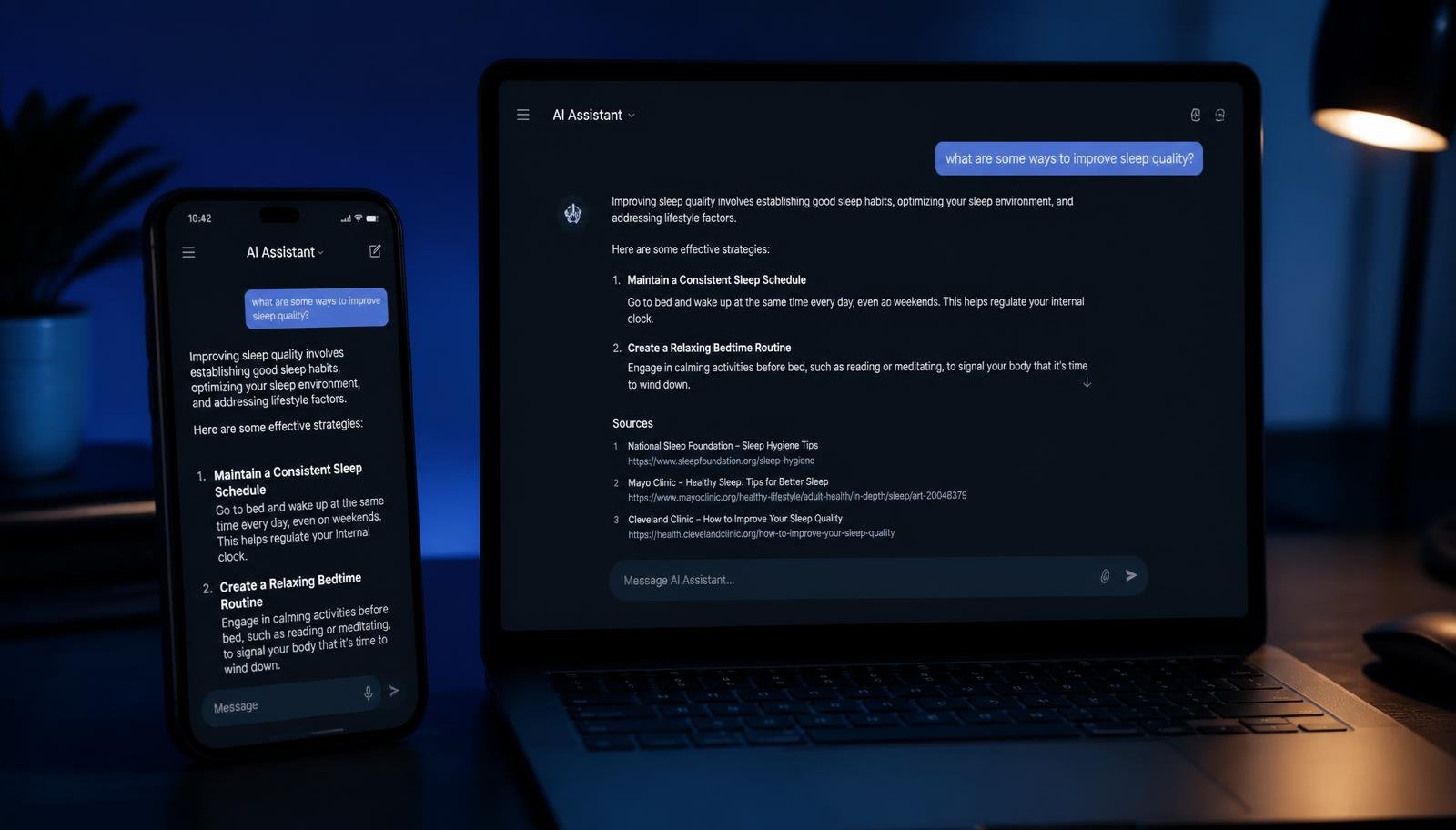 Laptop and phone showing an AI assistant answering a question with cited website sources
