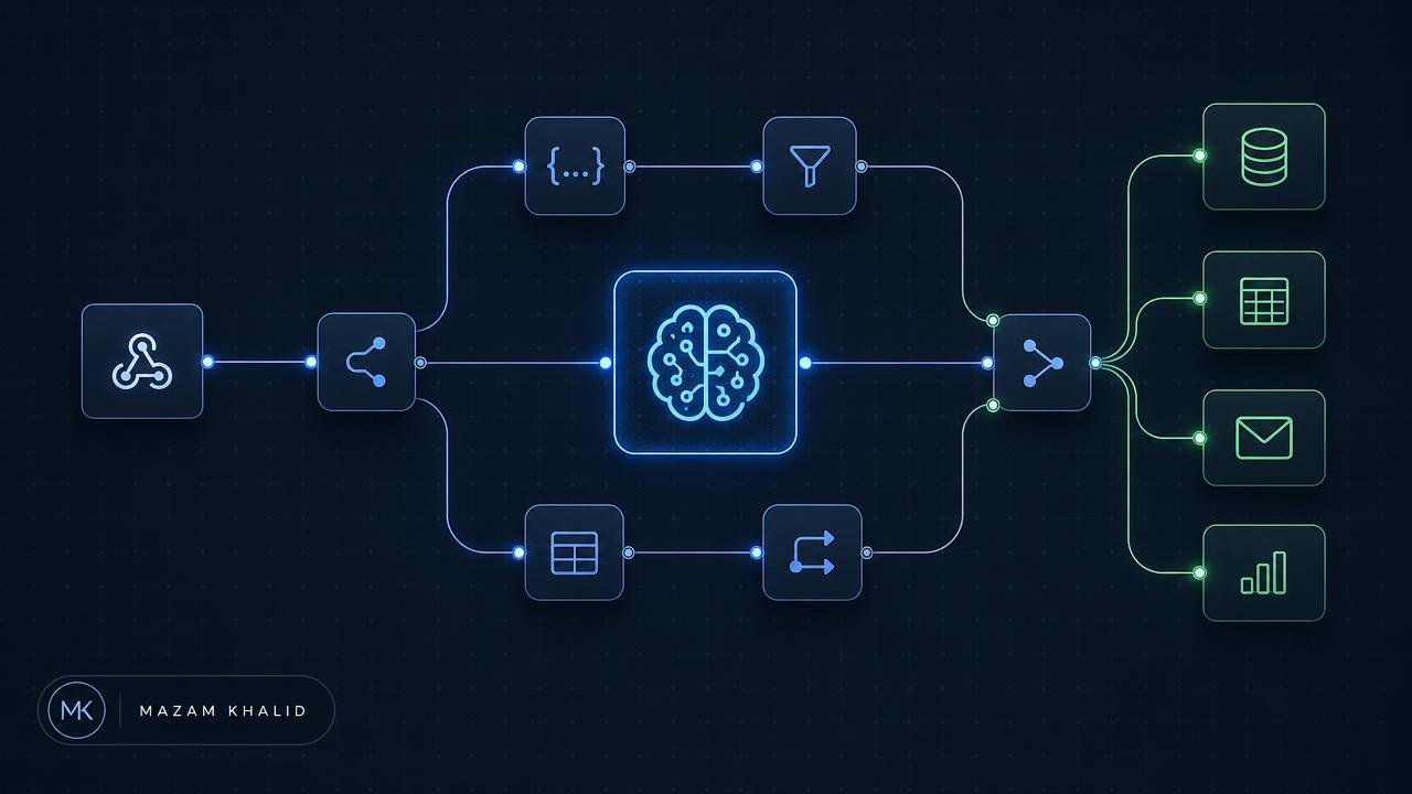 n8n automation workflow canvas with an AI node routing data to database, email and analytics nodes
