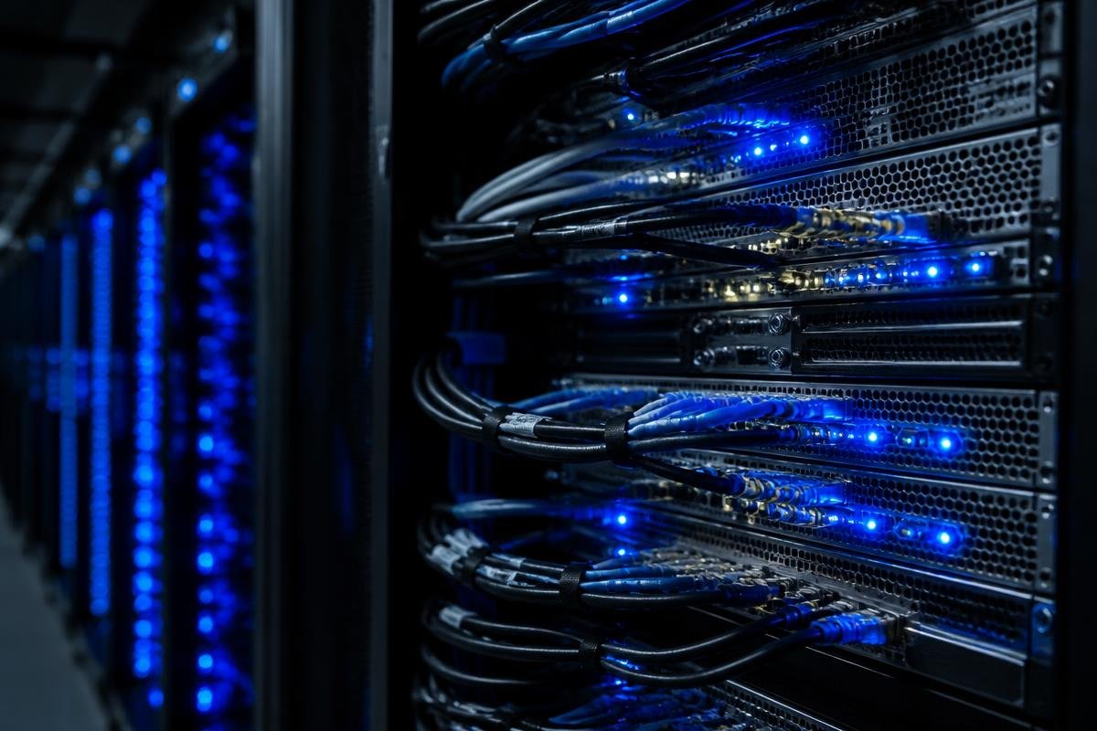 Server rack and network switches in a data center, representing server and CDN configuration work