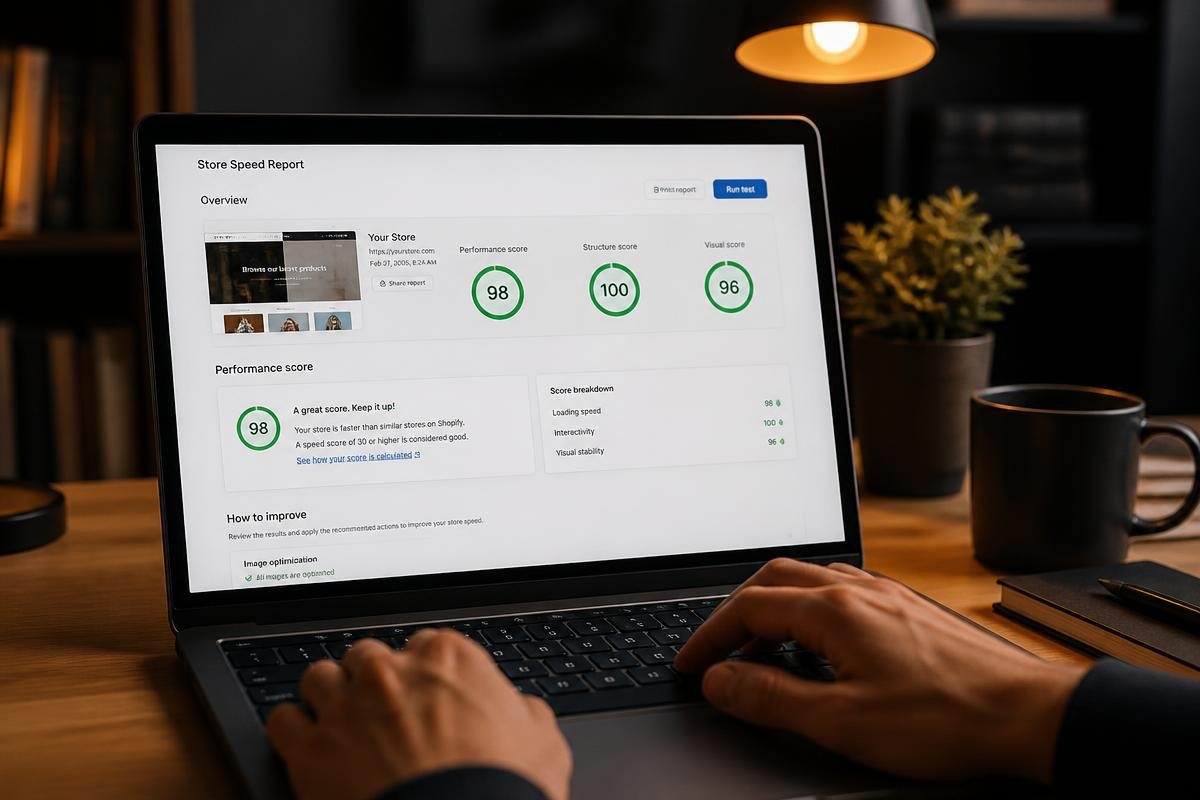 Laptop showing a store page speed report with green performance scores