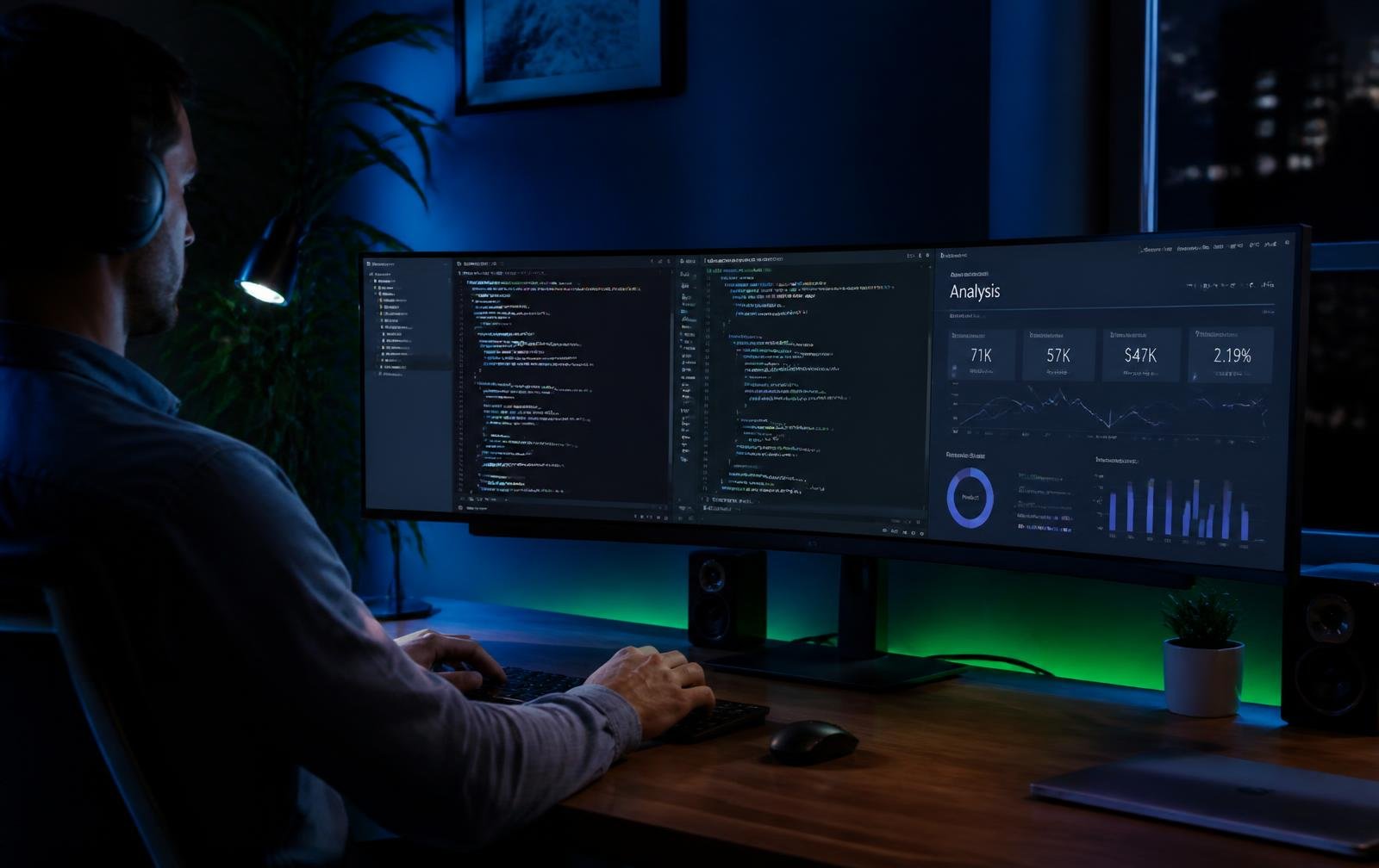 Developer reviewing website analytics dashboards and application code on an ultrawide monitor